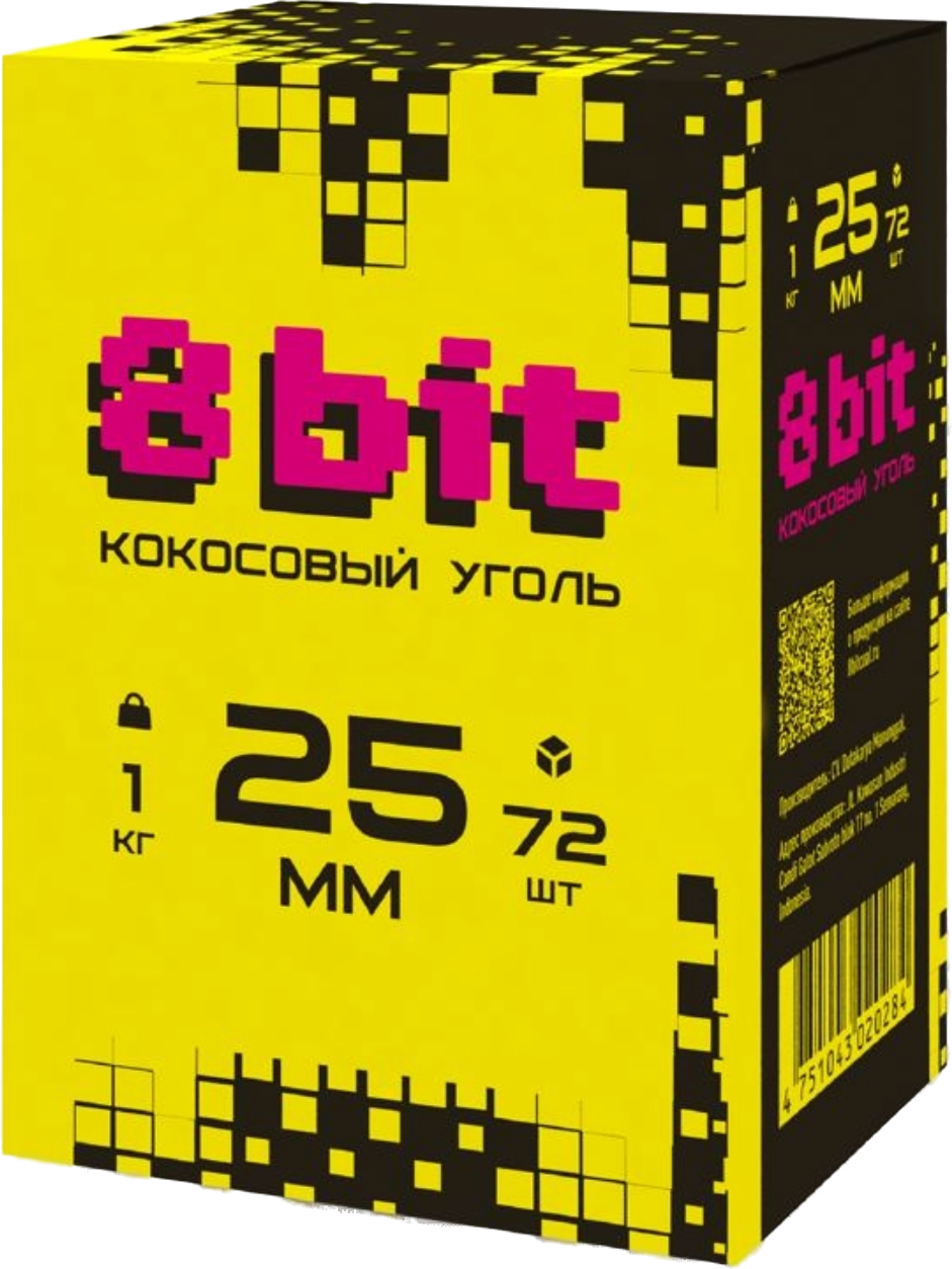 Кокосовый уголь 8BIT 25 мм — коробка 1 кг, 72 кубика